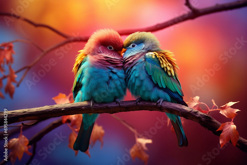 Couple of colorful bird, sitting together on branch in sunset