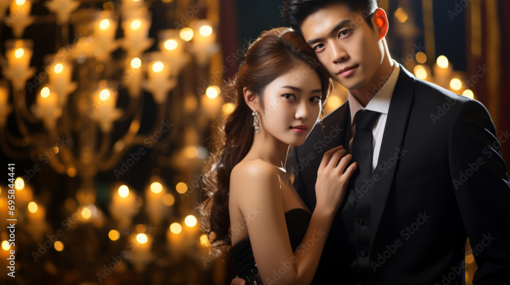 Chinese rich couple dressed in formal attire, men's black suit, woman's evening dress, standing at a fancy banquet venue in the evening - obrazy, fototapety, plakaty 