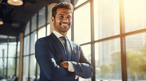 Confident Middle-Eastern businessman in a suit standing in an office