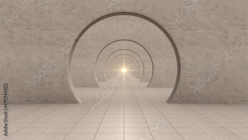 Looping Forward Movement in an Infinite White Modern Tunnel with Round Arches. 3D Animation. Corridor of Concrete arches with bright light at the end, endless tunnel, architectural animation in beige photo