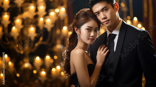 Chinese rich couple dressed in formal attire, men's black suit, woman's evening dress, standing at a fancy banquet venue in the evening photo