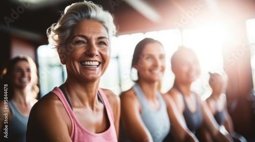 Group of smiling middle-aged women ready to start a gym class