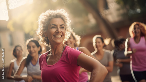 Group of smiling middle-aged women ready to start a gym class