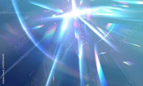 Crystal light leak effect for photo overlay. Ethereal Lens rainbow light streak transparent effect. Vector illustration. Iridescent crystal leak glare reflection effect. 