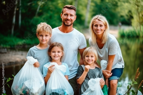 Nature cleaning. A family, mom and dad with children, boys and girls with garbage bags in their hands, collect garbage. Close-up. Soft sunlight, blur.