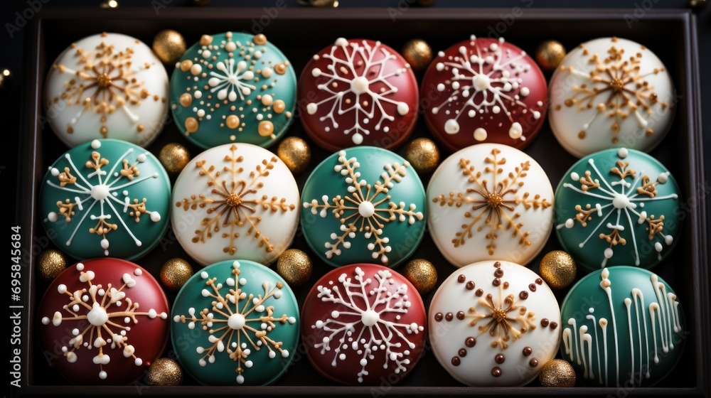 Delicious Christmas cookies with festive glazed decoration in the gift box. Generative AI Delicious Christmas cookies with festive glazed decoration in the gift box. Generative AI