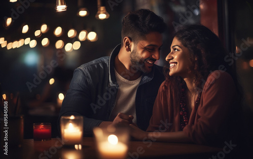 Young indian couple enjoys romantic dinner at restaurant