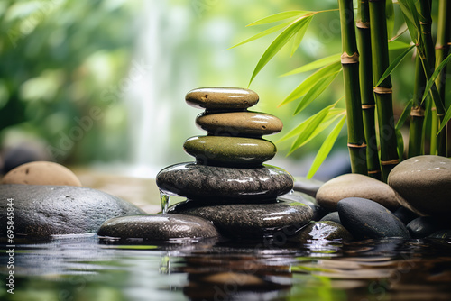 Relaxing wellness background with stones and bamboo waterfall background. Generative AI