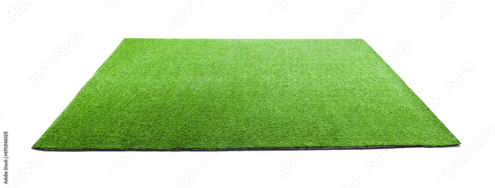 Green artificial grass carpet isolated on white - obrazy, fototapety, plakaty 