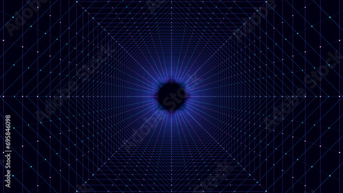 Abstract wireframe tunnel. Vector wormhole. 3D portal grid. Futuristic fantasy funnel.