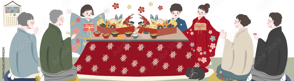 Fototapeta premium 家族でお正月を過ごす日本人の暮らしの風景（バナー用）