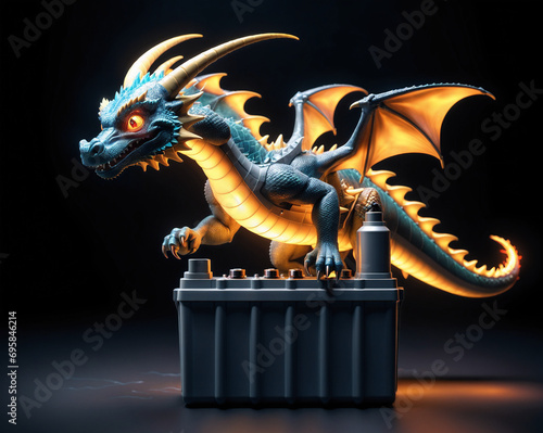 a shining dragon sits on a huge car battery, sparks, energy flows around. Generated AI. © ASPmedia