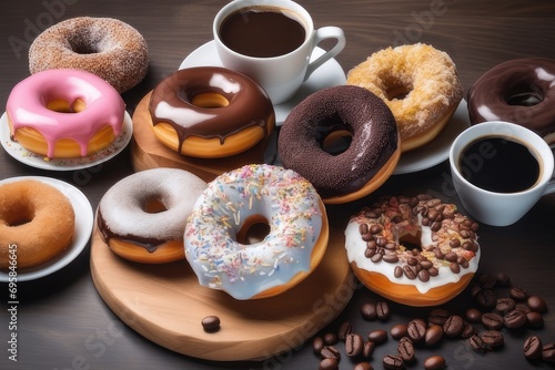 Cup of coffee and donuts on the table in coffee shop