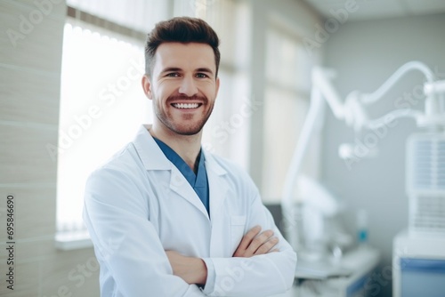 Handsome mature male dentist standing at his clinic smiling to the camera with his arms crossed copyspace. profession dentistry
