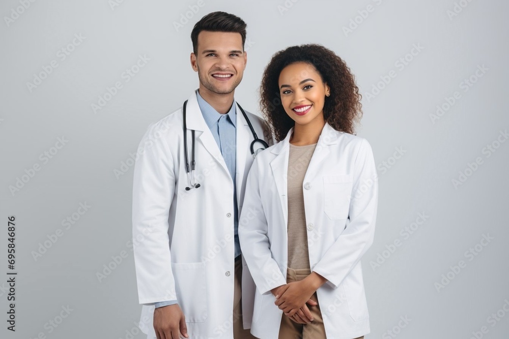 Photo of two positive intelligent therapists of different nationalities smiling dressed white coats standing next to each other isolated on gray background Photo of two positive intelligent therapists of different nationalities smiling dressed white coats standing next to each other isolated on gray background