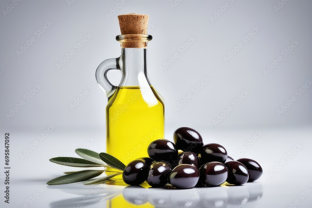 Olive oil in a glass bottle with olives on a gray background Olive oil in a glass bottle with olives on a gray background