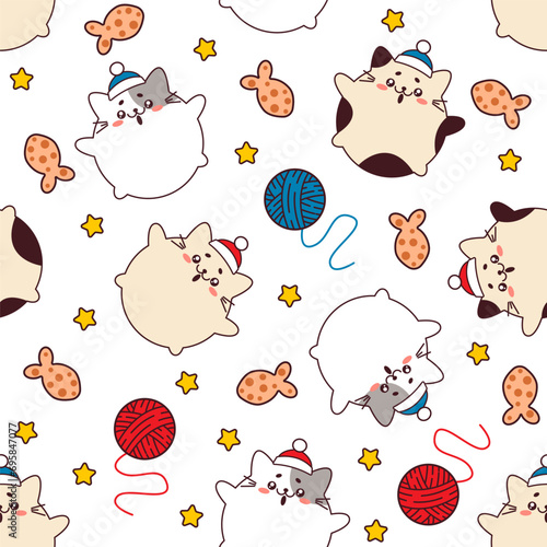 Vector seamless pattern with puffed up fat cats in winter hats, balls of thread, fish crackers and stars. The concept of winter holidays, vacations