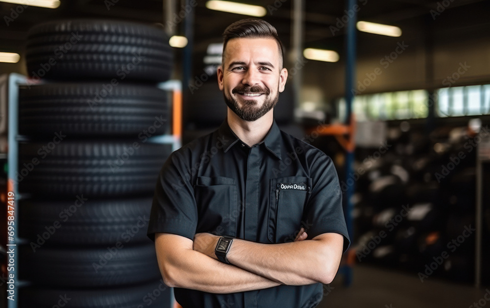 handsome mechanic man standing at car tire shop handsome mechanic man standing at car tire shop