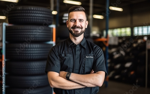 handsome mechanic man standing at car tire shop