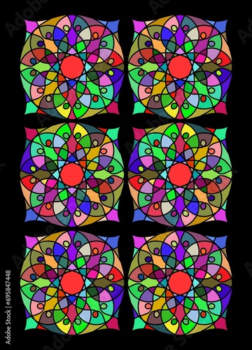 colorful stained glass pattern. the mosaic. kaleidoscope. multicolored circular ornament on a black background. interior design. bright cover. print. template.