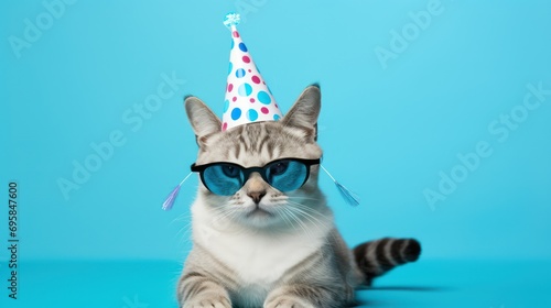 Festive celebration card for Happy Birthday, carnival, New Year's Eve, Sylvester, or other occasions, featuring a cat wearing a party hat and sunglasses on a blue background with confetti.
