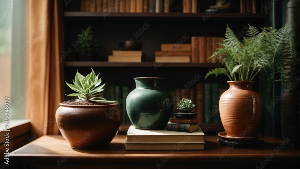 Ceramic vases with succulents and books on shelf at home