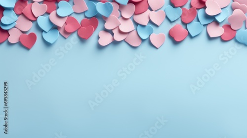 A background featuring a light blue textured paper, adorned with heart-shaped paper cutouts and designated spaces for text or content. Perfect for a romantic Valentine-themed backdrop or banner.