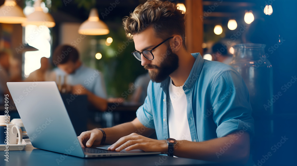 Handsome young man with the beard wearing glasses, sitting at the table and working on his laptop in a modern cafeteria interior. Male person in his 20s doing online remote freelancing work Handsome young man with the beard wearing glasses, sitting at the table and working on his laptop in a modern cafeteria interior. Male person in his 20s doing online remote freelancing work