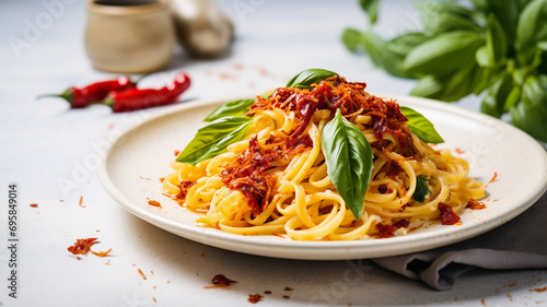 Italian pasta with sun dried tomatoes and basil 