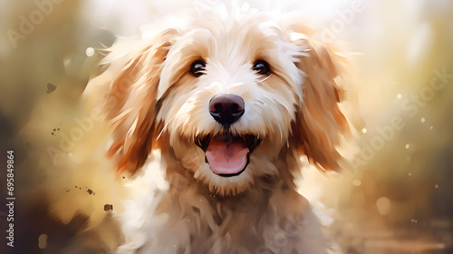 Joyful Labradoodle Dog Digital Painting with Sun Flare Background