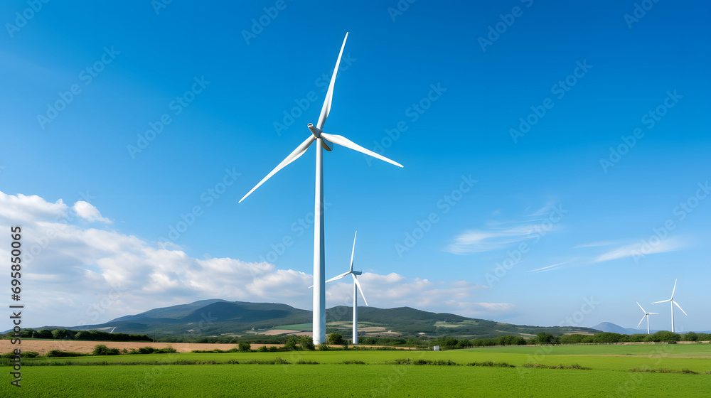 Wind Turbines in Green Field Against Clear Blue Sky