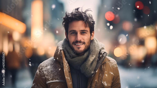 A handsome and attractive man wearing a scarf and a yellow winter jacket, standing on a snowy city street in winter, smiling and looking at the camera.Pretty and mature male person outside in the cold