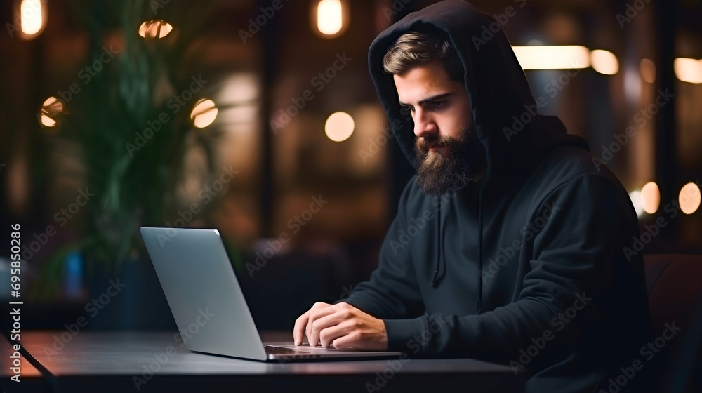 Handsome young man with the beard sitting at the table and working on his laptop in a modern cafeteria interior at evening. Male doing online remote freelancing work, looking at the device' screen Handsome young man with the beard sitting at the table and working on his laptop in a modern cafeteria interior at evening. Male doing online remote freelancing work, looking at the device' screen
