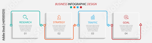 simple infographic design with six parts or steps, interconnected square shapes with thin colored lines, for flow diagrams, banners or your business presentation