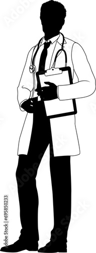 Silhouette doctor man medical healthcare person in a lab coat holding a clipboard.