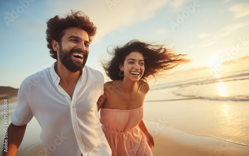 Papier peint young indian couple enjoying at sea beach