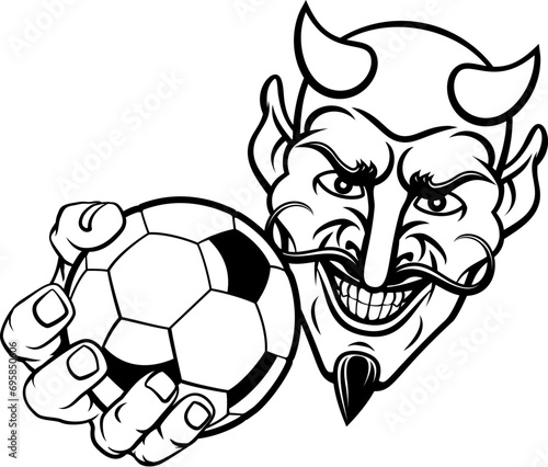A devil or satan soccer football sports mascot cartoon character holding a ball