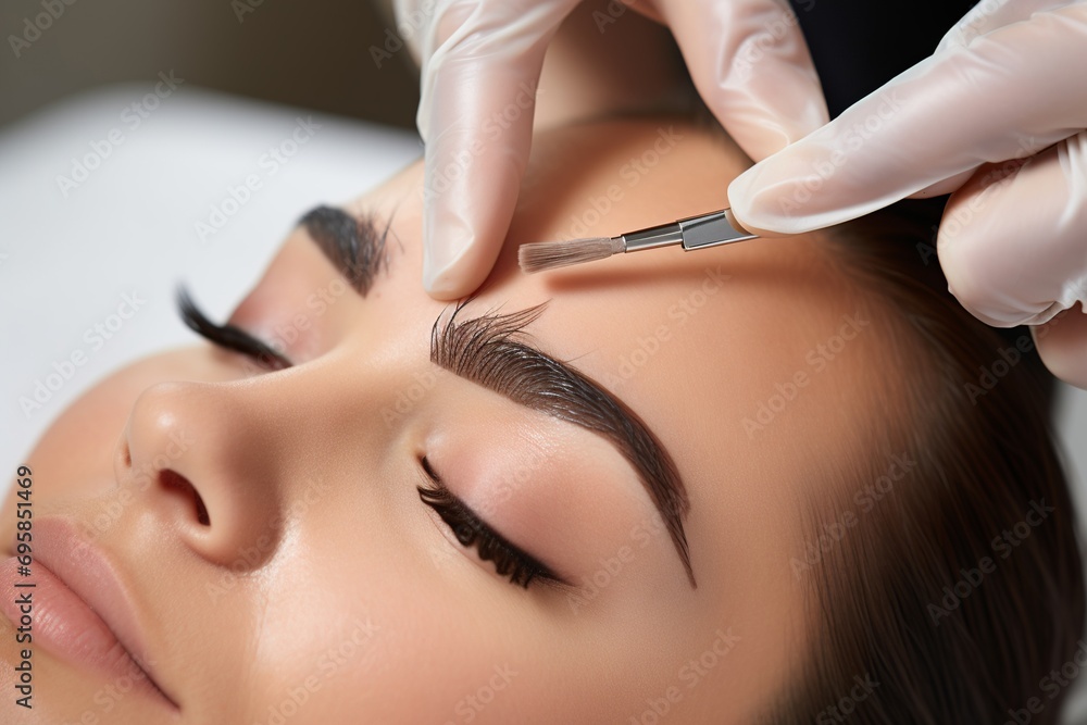 In this professional photo, an aesthetics technician showcases their expertise by using a dermal filler injection to enhance a client's lips. The image captures the technician skillfully injecting In this professional photo, an aesthetics technician showcases their expertise by using a dermal filler injection to enhance a client's lips. The image captures the technician skillfully injecting