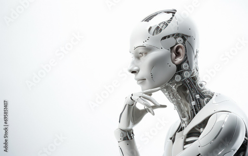 humanoid robot thinking on white background