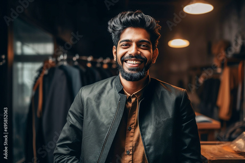 Portrait of a smiling Indian fashion designer man entrepreneur in a fashion studio with clothes in the background. photo