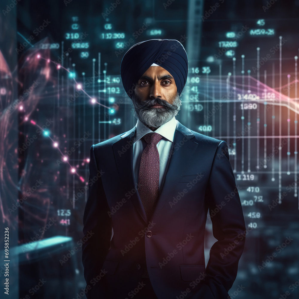 indian businessman standing with big data screen background indian businessman standing with big data screen background