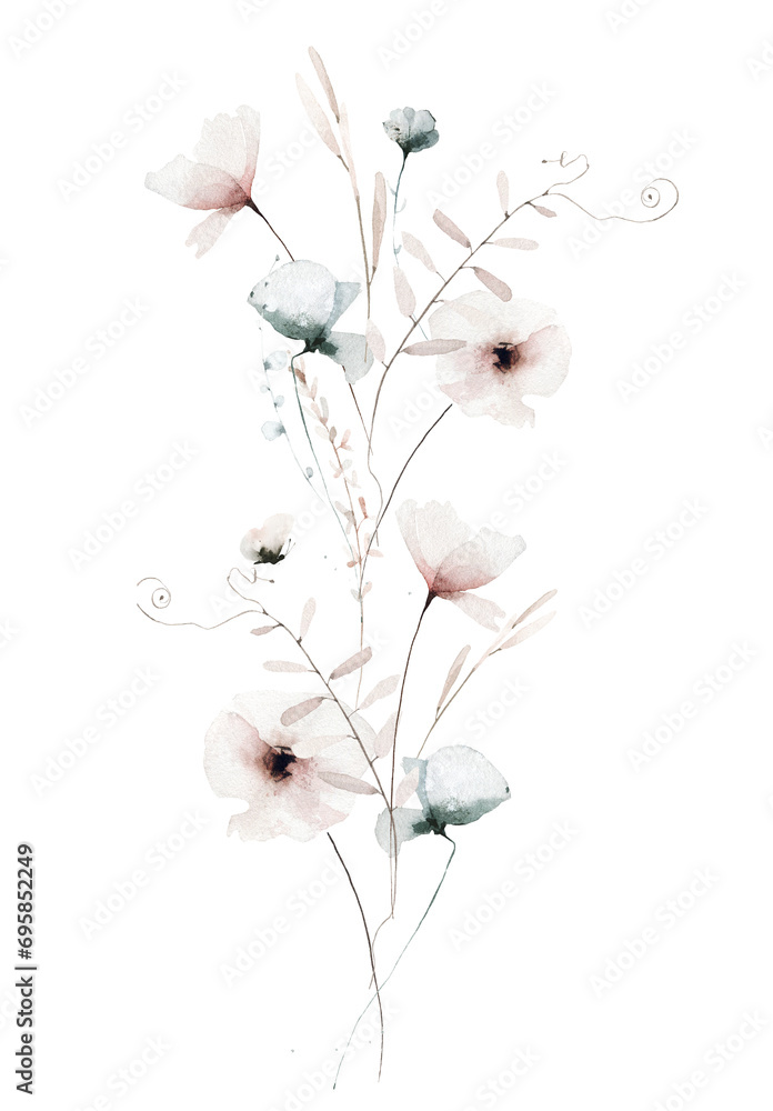Naklejka premium Watercolor painted floral border frame. Delicate pastel pink, blue poppy flowers, mouse peas branches, leaves, wild herbs, butterfly. Hand drawn illustration template. Watercolour artistic drawing.