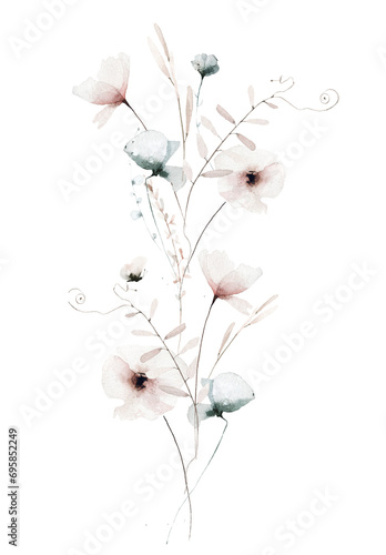Watercolor painted floral border frame. Delicate pastel pink  blue poppy flowers  mouse peas branches  leaves  wild herbs  butterfly. Hand drawn illustration template. Watercolour artistic drawing.