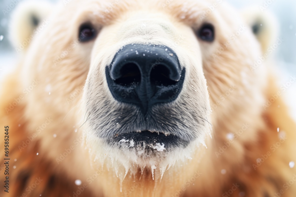 close-up of polar bear face with snow backdrop