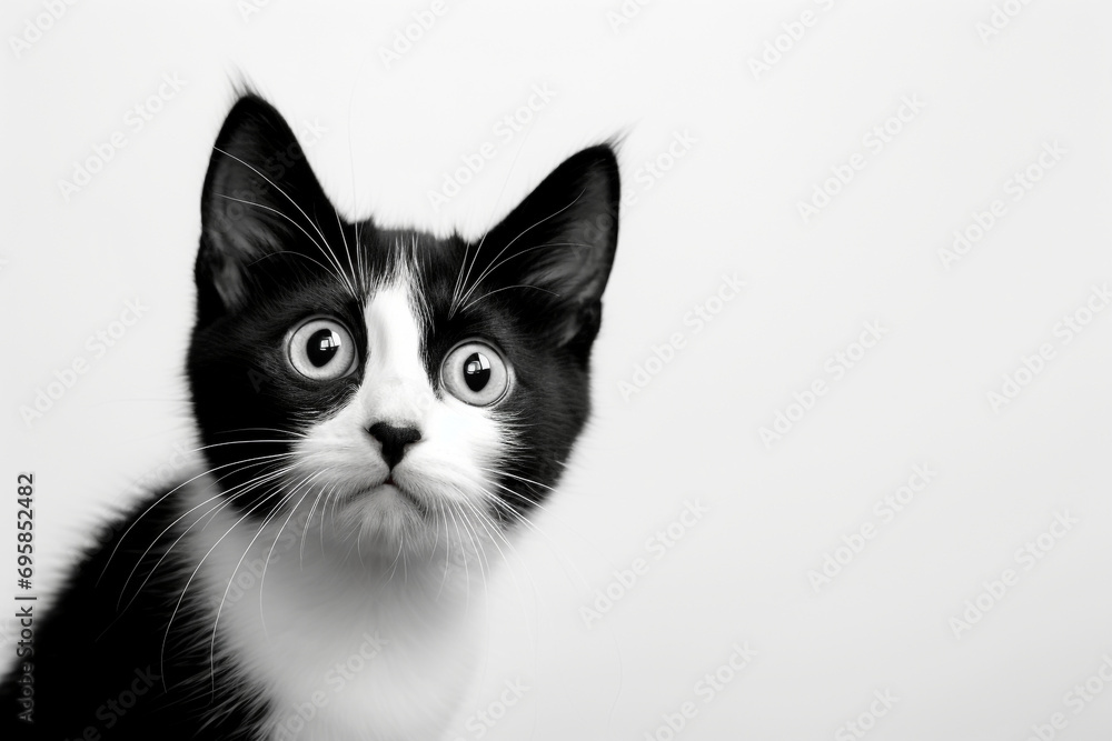 scared black and white kitten on a light background scared black and white kitten on a light background