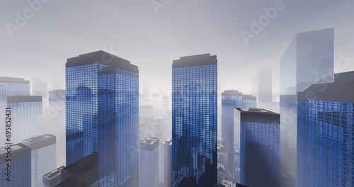 Skyscrapers in foggy cloudy day. The future is uncertain. Anxiety and expectations for economic growth. 3D rendering.