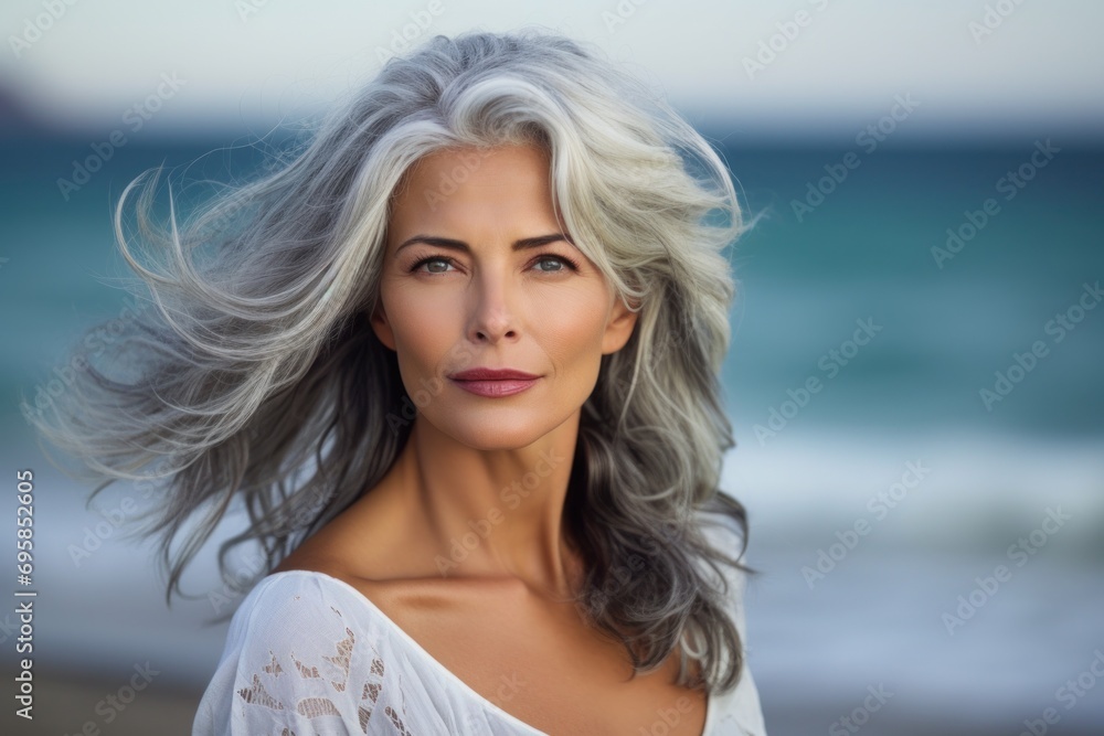 Portrait of a beautiful mature gray haired woman. Generated by AI Portrait of a beautiful mature gray haired woman. Generated by AI