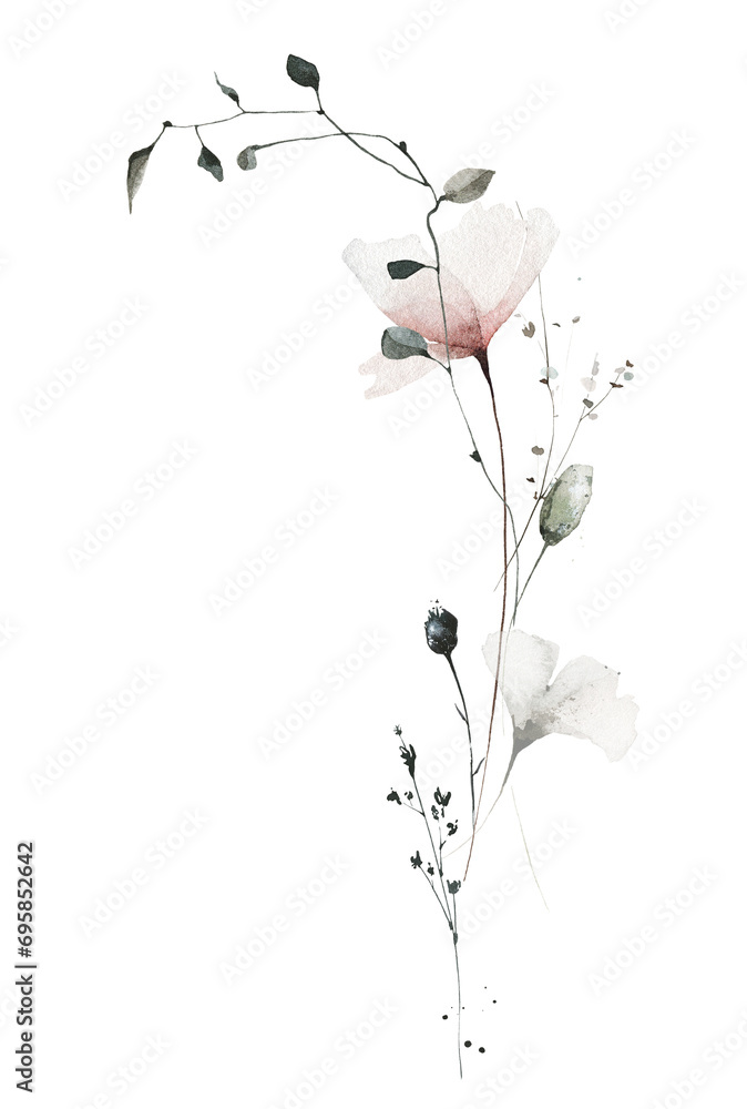 Watercolor painted floral bouquet of delicate pastel pink poppy flowers, gray ginko biloba leaves, wild herbs, green branches. Hand drawn illustration. Watercolour artistic drawing.