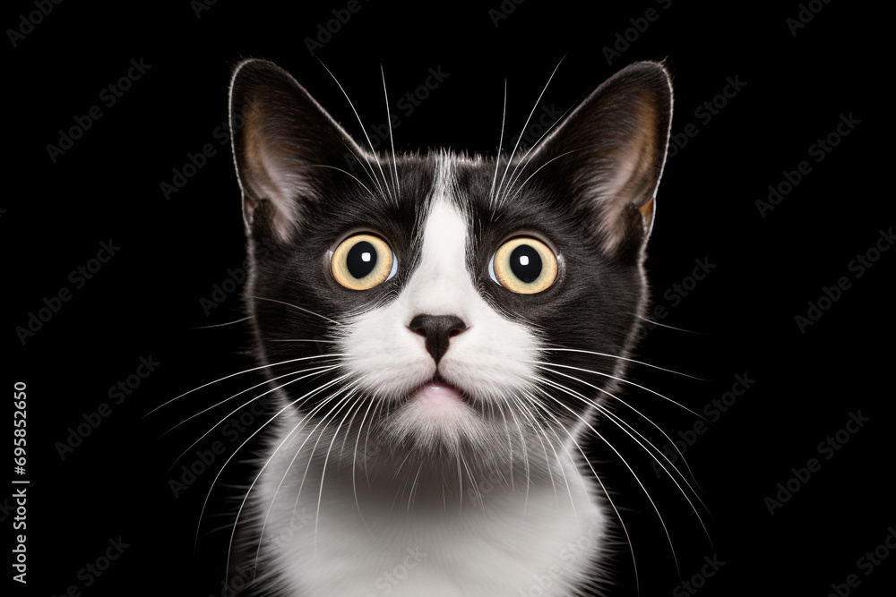 scared black and white kitten on a light background