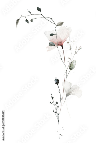 Watercolor painted floral bouquet of delicate pastel pink poppy flowers  gray ginko biloba leaves  wild herbs  green branches. Hand drawn illustration. Watercolour artistic drawing.